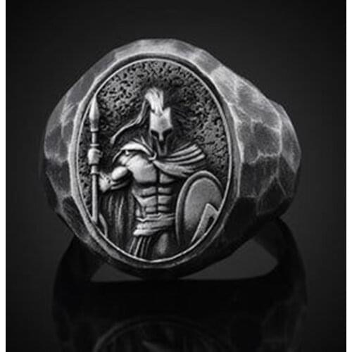 Vintage Spartan Warrior Helmet Ring For Men Gothic Punk Viking Norse Rune Warrior Stainless Steel Rings Totem Amulet Jewelry