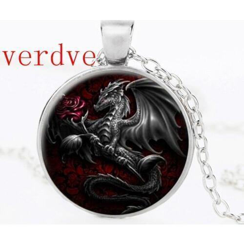 Vintage Dragon Necklace Glass Cabochon Pendant Dragon Crew Necklaces High Quality Fashion Women Men DIY Jewelry