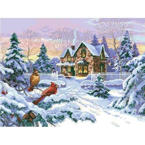 Top Quality Beautiful Lovely Counted Cross Stitch Kit Winter Memory Cardinal on Snow Tree House Villa Cottage dim 35155