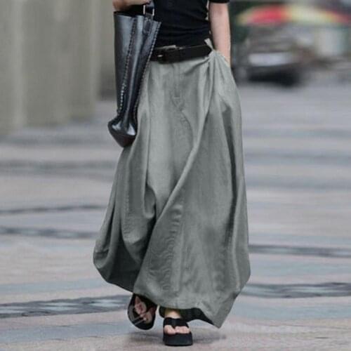 Spring Summer Casual Long Skirt Elegant Women Skirt High Waist Solid Color Cotton Blend Large Hem Pocket Maxi Skirt Streetwear