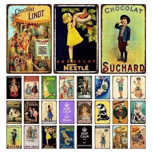 Retro Tin Sign MetalPlate Switzerland Chocolate Milka Suchard Lindt Children Painting Candy Wall Art Decoration Iron Sheet Metal