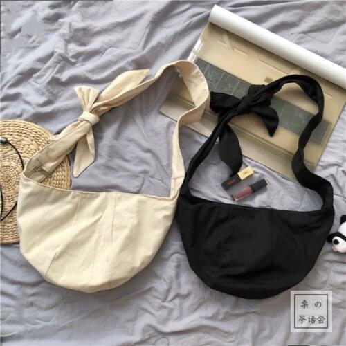 Woman Canvas Dumpling Bag Womens Shoulder Bag 2021 New Korean Chic Lace Up Half Moon Messenger Bag Lady