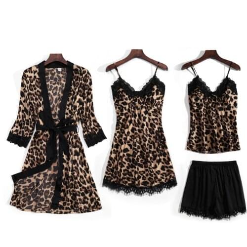 Women pajamas leopard sleepshirt+top+pant+robe+band pijimas hot satin silk pajamas sleepwear set
