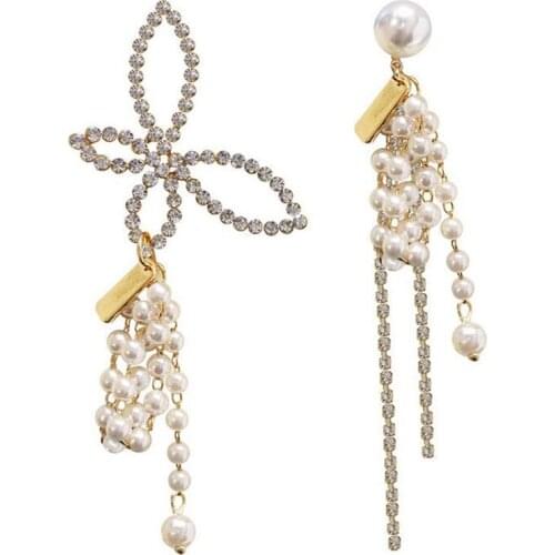 Women Butterfly Asymmetric Faux Pearl Tassel Drop Earrings AM0846