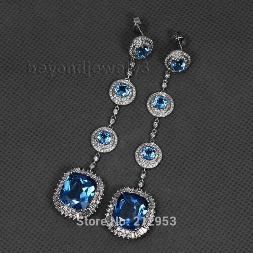 New Vintage Solid 18kt White Gold Blue Topaz Earrings For Women 750 Gold Drop Earring Diamond Jewelry E148A