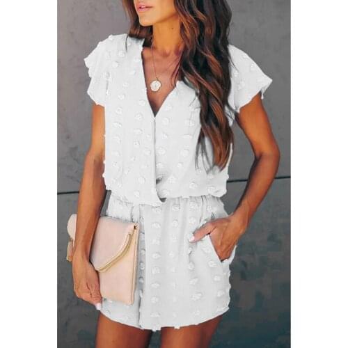 Summer New Style V-Neck Short-Sleeve Jumpsuits Womens Loose Fashion Solid Color Embroidered Polka Dot Female Jumpsuit Graceful