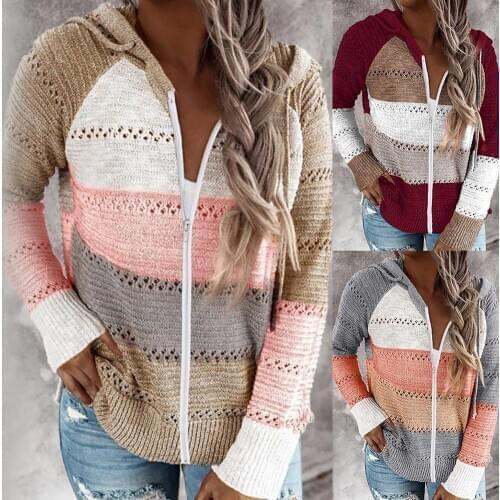 Women Autumn Long Sleeve Color Block Hollow Out Knitted Hooded Sweater Coat