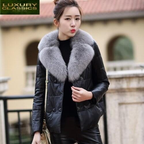Natural Sheepskin Coat 100% Female Winter Real Fox Fur Collar Duck Down Jacket Women Korean Genuine Leather Down Jackets Hiver