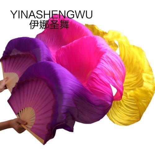 1 Pair Dance Fans Bamboo Ribs Natural Silk Stage Performance Props Dye Fans Women Belly Dance Silk Fans purple+rose+yellow
