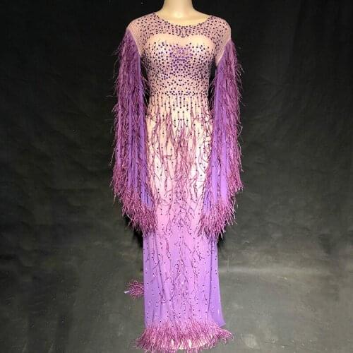 Fashion Purple Rhinestones Feathers Mesh Long Dress Women Birthday Evening Celebrity Prom Party Dresses Singer Stage Show Outfit