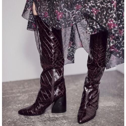 Winter Woman Burgundy Black Crocodile Leather Tube Long Boots Chunky Heels Pointed Toe Knee High Knight Boots Big Size 48