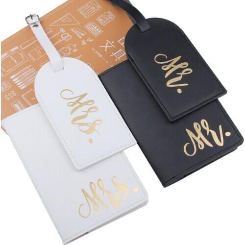 1Set PU Leather Luggage Tag Mr./Mrs. Passport Case Wallet for Couples Honeymoon Travel Organizer