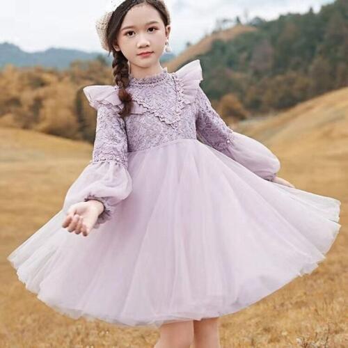 2019 Princess Girl Lace Tulle Dress Wedding Birthday Dress Lantern Sleeve Pageant Children Autumn Dress with Pearls 4-9Y