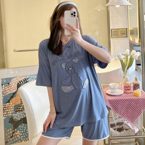 2021 Summer Short Sleeve Shorts Modal Pajama Set for Women Cute Cartoon Sleepwear Suit Pyjama Homewear Pijama Mujer Home Clothes