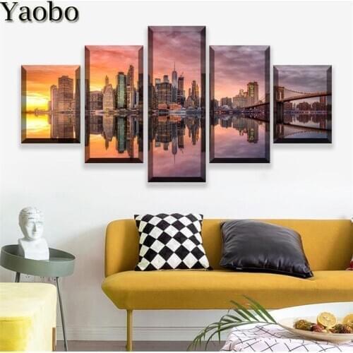 5 planes diamond painting New York City Building Sunset landscape Multi-pictures wall art diamond mosaic full square round drill