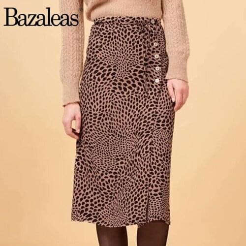 Bazaleas Vintage wrap front midi skirt France Leopard Print Women High Waist Skirts Retro Tie waist and buttons side Skirt