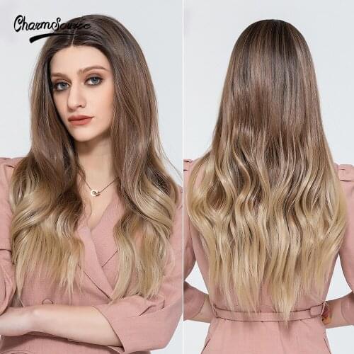 CharmSource Long Wavy Lace Part Synthetic Wigs Ombre Blonde for White Black Women Daily Hair High Density Heat Resistant Wig
