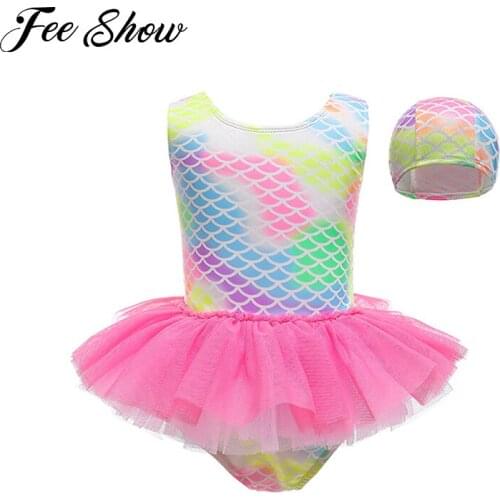 2pcs Kids Girls Swimsuits Beachwear Round Neck Sleeveless Fish Scale Print Ruffled Mesh around Waist Swimming Suit with Hat