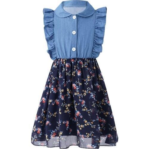 Kids Girls Denim Dress 2021 New Summer Patchwork Clothing Ruffle Sleeveless Doll Collar Floral Print Dress Teen Casual Dresses