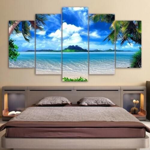 HD Print Canvas Wall Art Pictures 5 Panel Beach Blue Palm Tree Poster Frame Modern Decoration Painting For Living Room
