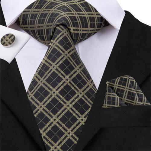 Hi-Tie New Fashion Style Necktie For Man Plaid Pattern 100% Silk Jacquare Woven Ties Pocket Square Cufflinks Set C-3010