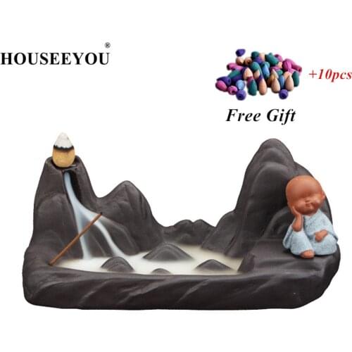 HOUSEEYOU Little Monk Buddha Backflow Incense Burner + 10PCS Cones Ceramic Mountains Waterfall Incense Holder Aroma Censer 21cm