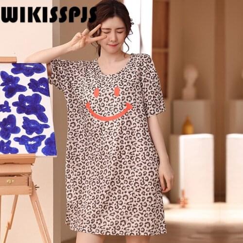 Summer Leopard Print Short Sleeve Pajamas for Lovely Girls Night Dress Women Sexy Nightgown Plus Size Sleep Tops Night Wear