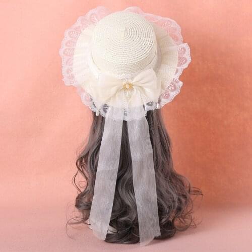 Sweet Girls Summer Beach Lolita Sun Hat with Bow Knit Straw Soft Kawaii Beach Flat Cap Head Wear