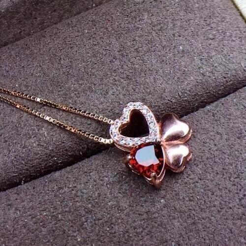 Natural red garnet gem Pendant natural gemstone Elegant Lucky Heart Clover pendant necklace S925 silver women party jewelery
