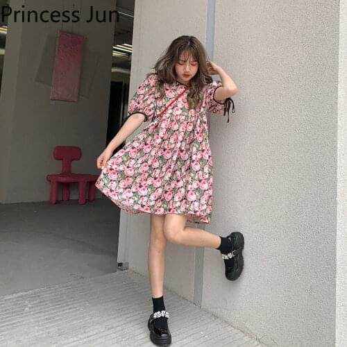 Small Cute Girl Loose Princess Puffy Dress Retro Puff Sleeve Color Floral Dress Summer Holiday Flower Painting Mini Doll Dress