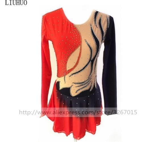Figure Skating Dress Womens Girls' Ice Skating Dress The red and black stripes, exquisite diamond decoration, Gradient color