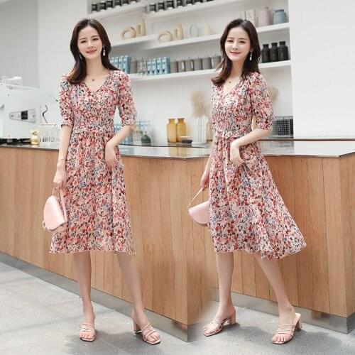 2020 New Floral Vestidos Womens Mid-length V-neck Bellflower French Chiffon Dress Summer Plus Size Dresses Female Fashion Z742