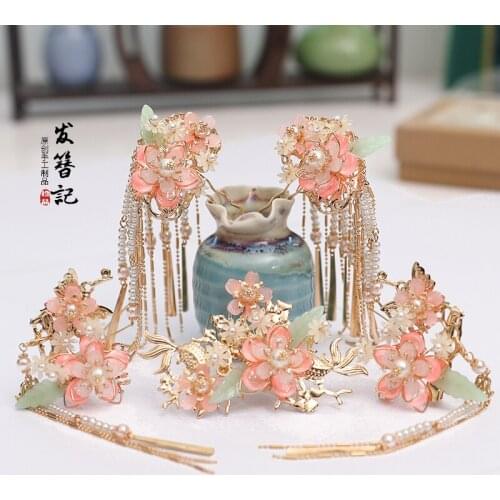 Luxury handmade peach flower tassel Chinese retro hair crown suit Martial arts fairy headdress Pearl shell hairpin clip