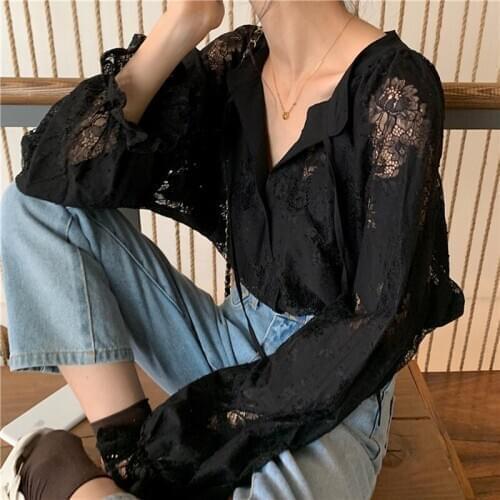 COIGARSAM 4XL Plus Size Fashion Full Sleeve Shirt Womens tops New Summer Spring Lace Loose Women shirts Black 1677
