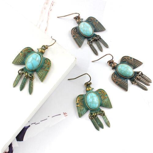 Bronze Vintage Feather Wings Alloy Earrings Personality Birds Natural Stones Tassels Pop Earrings Ethnic Holiday BOHO Jewelry
