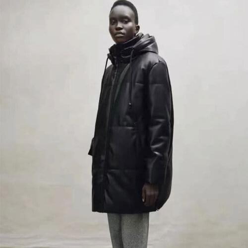 Nlzgmsj Za Loose Hooded Parkas Women Fashion Beige PU Leather Coats Women Side Zipper Split Long Jackets Ladies 20217