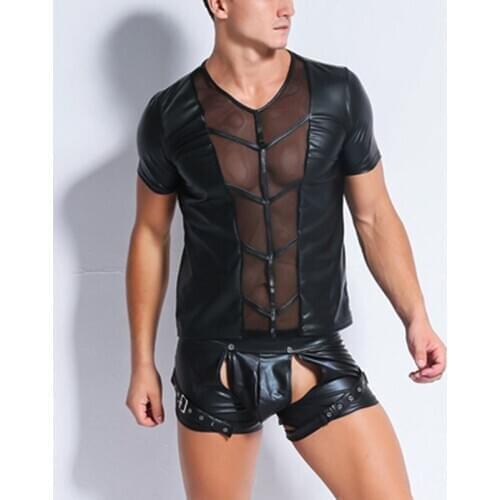 High Quality Men Black Faux Leather Top Erotic Gay Wet Look Front Mesh Hollow Out Sexy Mens Nightclub Latex Catsuit Tops Shirt