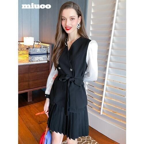 VCollar stitching micro transparent sleeve waist top+Pleated skirt suit for women 2021 High Quality Top Quality