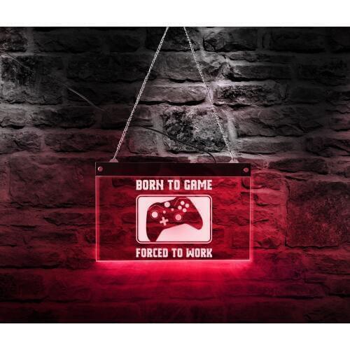 Born To Game Forced To Work Funny Video Controller Multi-color LED Light Playstation Lamp Neon Sign Gamer Kid Room Wall Decor