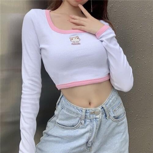 SEASONS Streetwear Cartoon Embroidery Crop Top Patchwork Rib Knitted T Shirt Women Harajuku Long Sleeve Slim Basic Tee ASTS81677