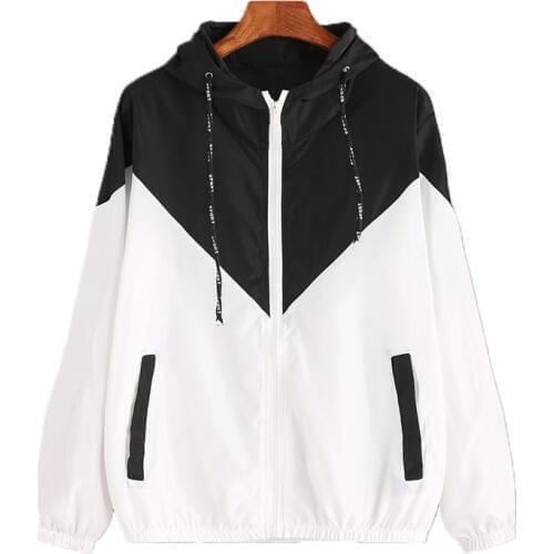 Spring Patchwork Women Jacket Hooded Casual Thin Coat Female Zipper Long Sleeve Jackets Loose Pink Black Blue Grey Windbreaker