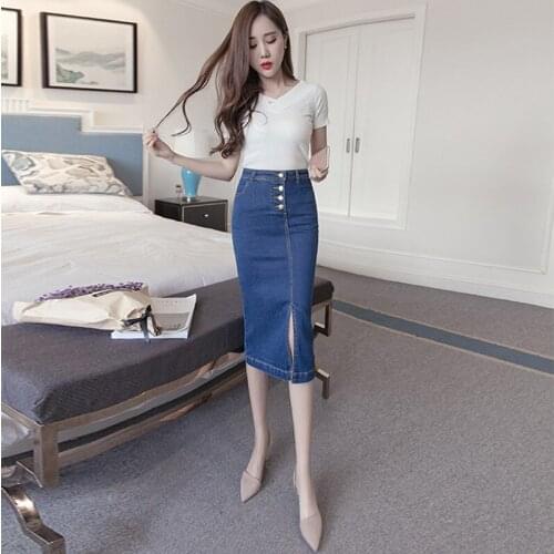 Spring New Women Slim Fit Denim Pencil Skirts High Waist Office Ladies Button Mid Calf Jeans Faldas Mujer Plus Size S-5XL