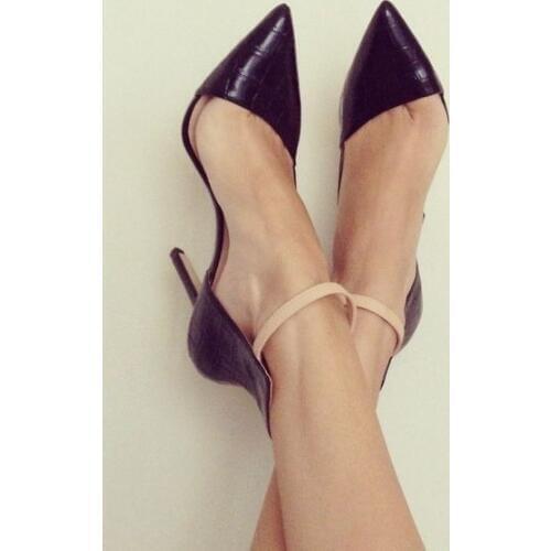 Woman sexy pumps retro black leather pointed toe high heels concise beige ankle buckles design graceful arc female dress shoes w