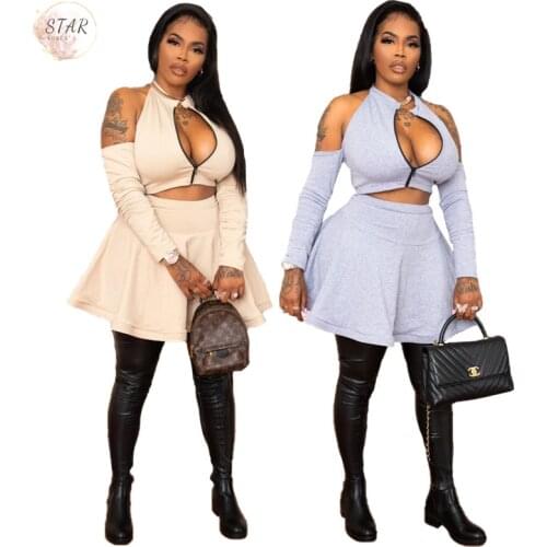 Skirt and Top Set Women 2 Piece Outfits Open Back Zip Top Solid Skirts Club Outfits Plus Size 3XL Spring Wholesale Dropshipping