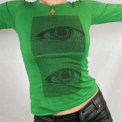 Y2k Harajuku Gothic Women Summer Crop Top 90s Vintage Eyes Print Round-Neck T Shirt Indie Long Sleeve Top Tight T-Shirt Camisole