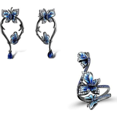 Vintage Black Gold Jewelry Set For Woman Elegant Blue Butterfly Flower Ring Earrings Set High Quality Hand made Enamel Jewelry