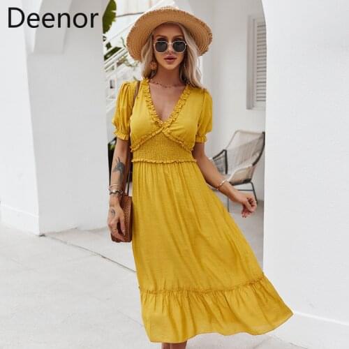 Deenor High Waist Vintage Dress Women Summer Short Sleeve V Neck Long Dresses Solid Color Boho Beach Evening Party Vestidos Robe