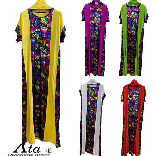 100%Cotton Summer Short Sleeve Womens Muslim Abaya With Scarf Bronzing Africa Clothing Kaftan Casual Wear Prayer Boubou Maxi200