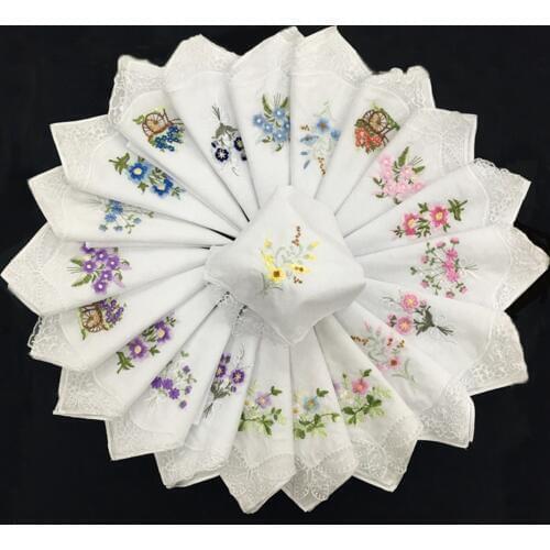 12Pcs 100% Cotton Floral Print Beautiful Handkerchiefs Ladies Girls Washable Pocket Party DIY Lace Hankie Kerchiefs Towel
