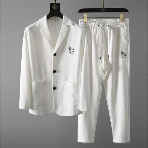 2021 Spring and autumn casual suit mens British style handsome flat Lapel slim embroidery long sleeve casual wear